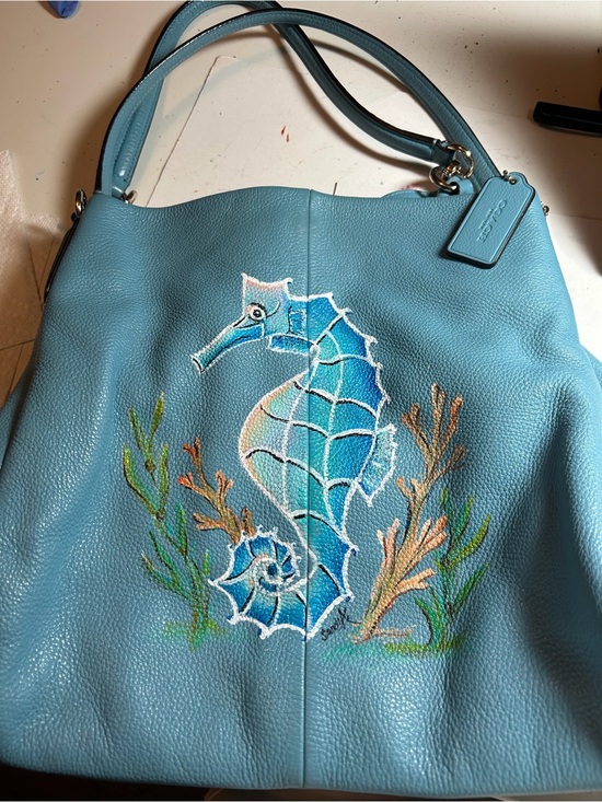 Coach Handbags - Coach Blue Leather Shoulder Bag with It’s hand painted with leather acrylic pain